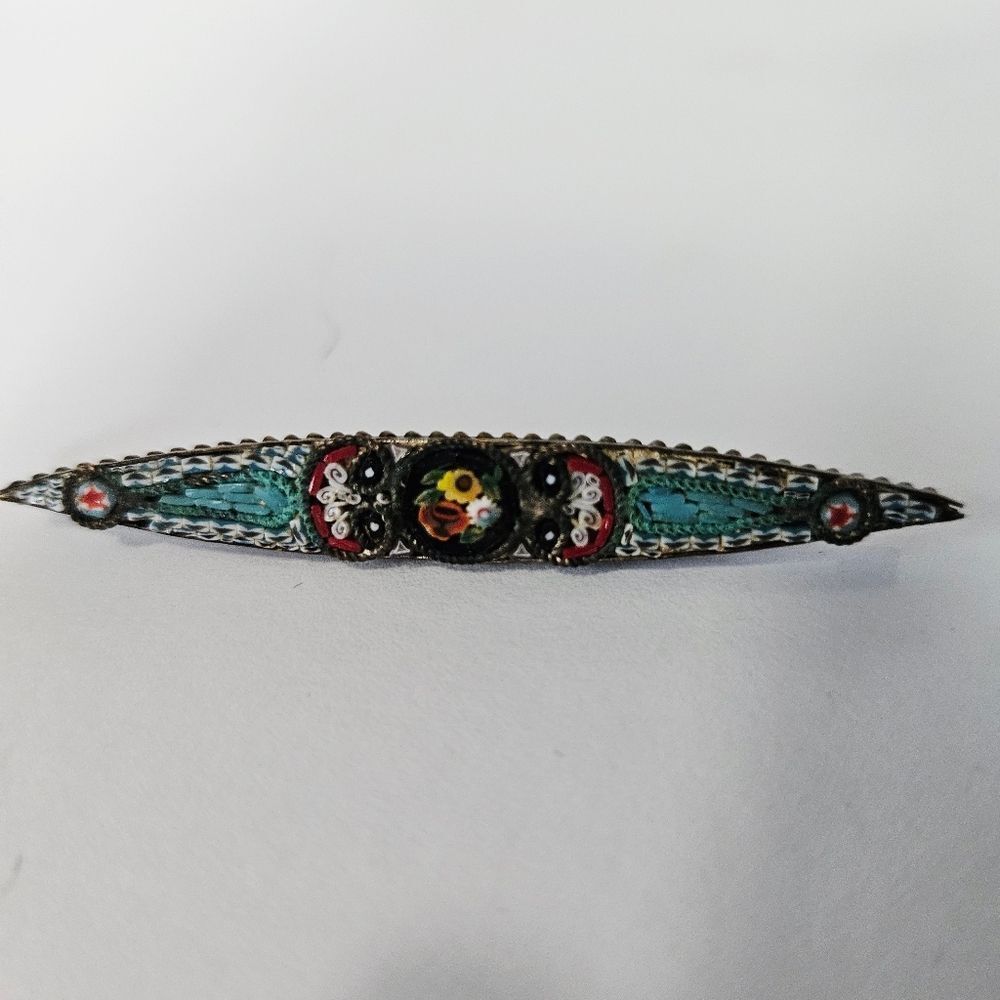 Vintage Millefiori Italian Glass Micro Mosaic Floral Inlaid Roman Bar Brooch Pin - Picture 3 of 8